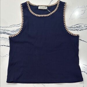 Blue and Tan Sleeveless Tank Top with Crochet Trim